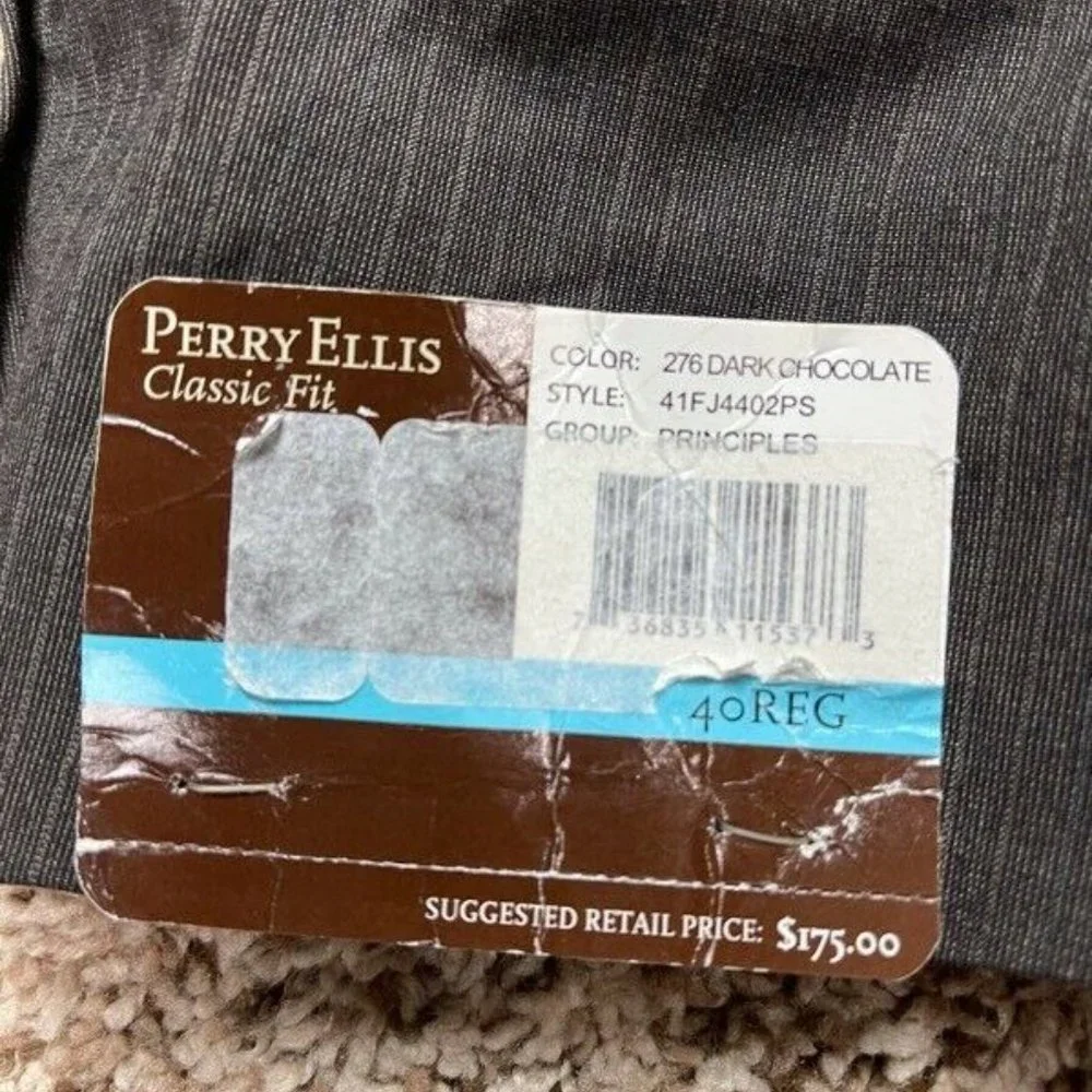 Perry Ellis Mens Two Button Blazer Dark Chocolate Pinstripe Classic Fit 40 R New